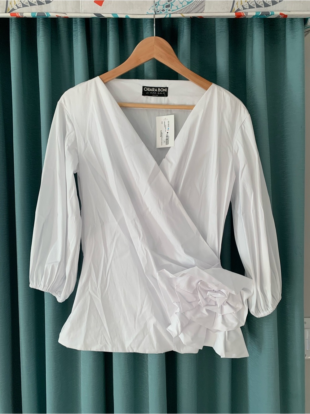 NWT Chiara Boni La Petite Robe Elizee Rosette Cotton Faux-Wrap Top 42/6
